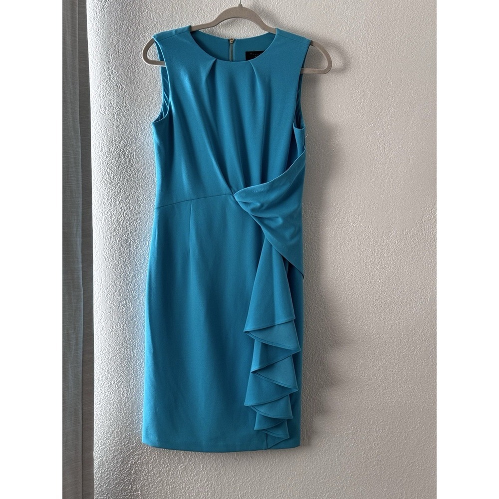 T Tahari Teal Blue Sheath Dress Ruffle Detail Business Casual Women's Size 8 - Picture 3 of 11